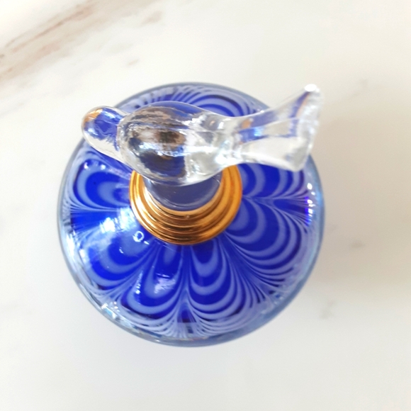 MURANO Art Glass Cobalt Blue White Perfume Bottle Clear Glass Bird Toppe… - Picture 5 of 14